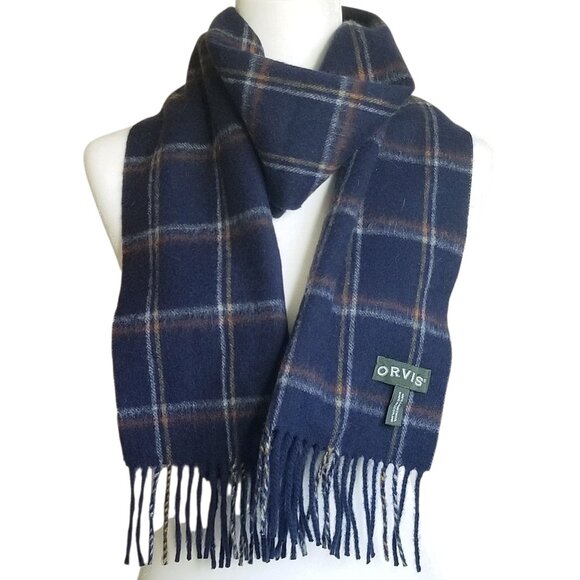 Orvis Scotland Dark Academia Plaid Navy Blue Fringe Warm 100% Lambs Wool Scarf - Picture 1 of 6